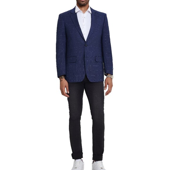 Blue Windowpane Notch Lapel Men's Jacket - Picture 3 of 6